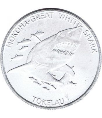 Moneda onza de plata 5$ Tokelau. Tiburón Blanco 2015.  - 1