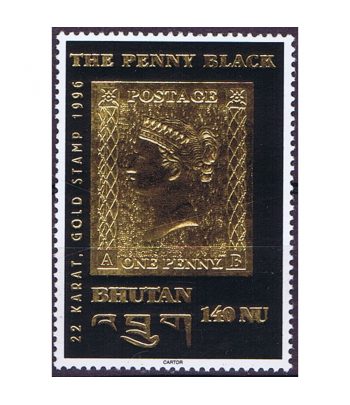 Sello de Bhutan 140 NU 1996 The Penny Black en oro.